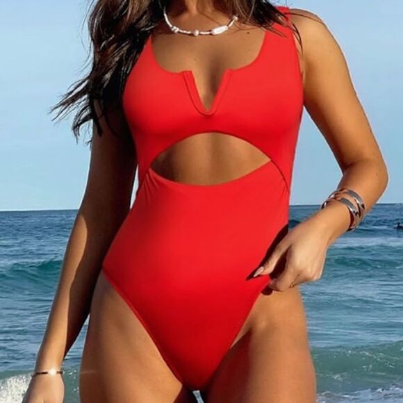 NWT Meyeeka Women’s Red One Piece Cut Out V-Notch Swimsuit, Size L - Picture 1 of 8